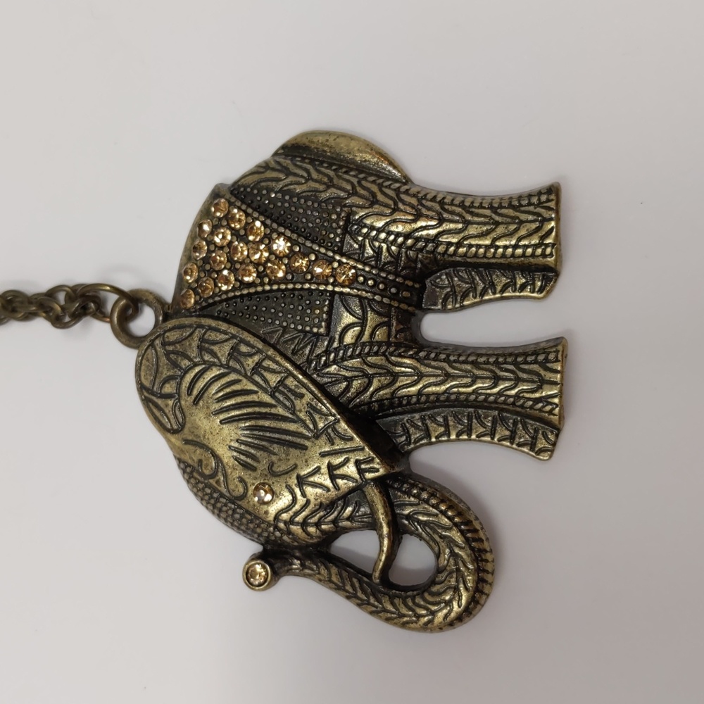 Elephant Pendant Necklace Long Brass Tone Rhinestones